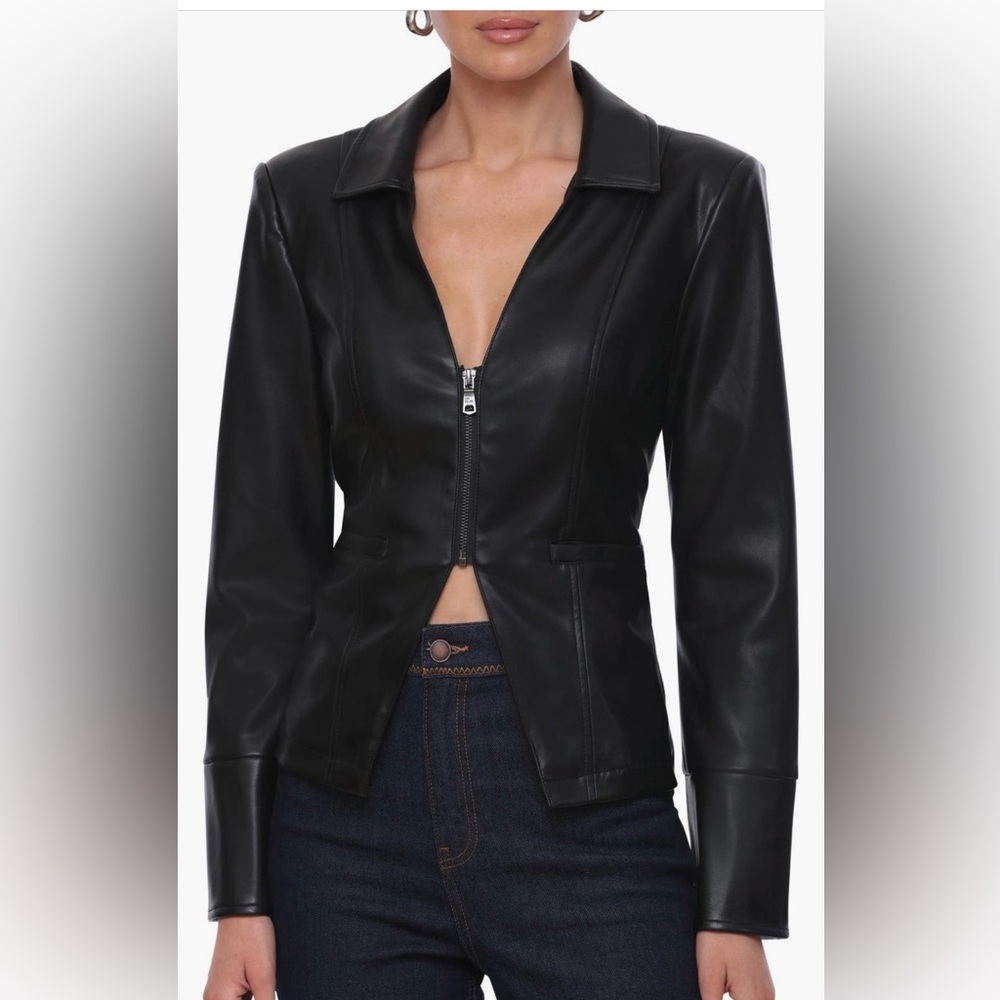 Avec Les Filles Cutaway Zip Black Faux Leather Jacket US M